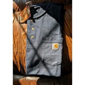 Vintage Y2K Carhartt Mens Heavyweight Pocket Henley Shirt Navy Working Knit